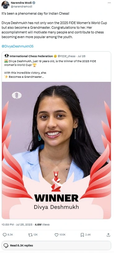 Narendra Modis tweet congratulating Divya Deshmukh