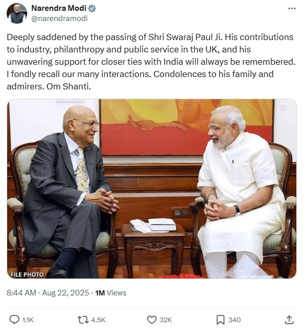 PM Modis tweet on Lord Swraj Paul