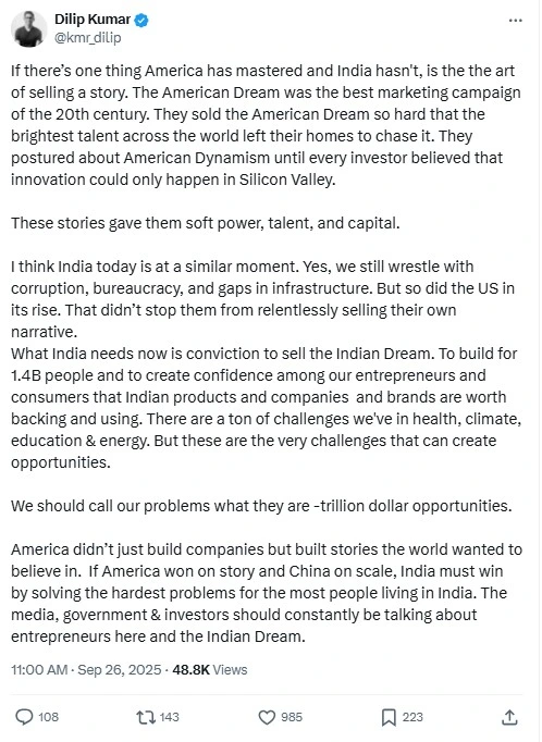 Dilip Kumar's tweet on The Indian Dream