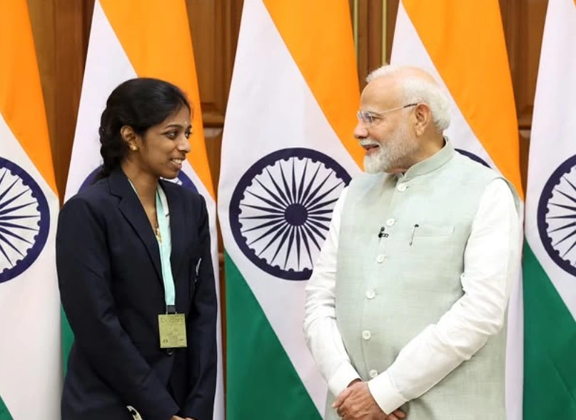 R Vaishali with PM Modi